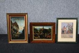 Three oil paintings on board. Each framed. One titled 'Orthez'. Another shows two female figures