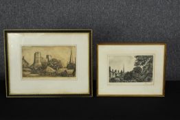 Two etchings. Views of 'Lewes Castle from the Watergate'. Signed indistinctly and dated 1971. Framed