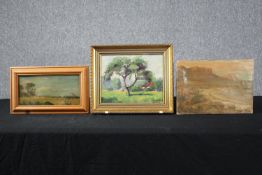 Two oil paintings on board and one oil on canvas. One signed 'L. Gosset'. H.32 W.38 cm. (largest)