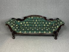 Sofa, 19th century carved and lacquered frame. L.222cm W.75cm H.89cm
