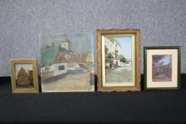 A collection of four oil paintings. Three Continental street scenes and another, possibly older,