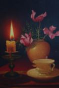Oil on board. Still life of flowers with a candle. Framed. Twentieth century. H.52 W.41 cm.