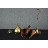 A collection of Victorian brass and copper items, including a brass and copper funnel, a copper coal