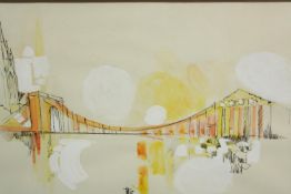 Painting. Ink and watercolour. A bridge signed with the artists monogram and dated 1967. Framed