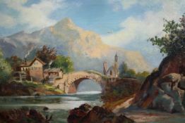 Painting, oil on canvas. Landscape with a bridge in the foreground. Unsigned. In a gilt frame. H.