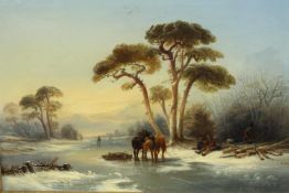 E. Schmidt. Oil painting on canvas. Horses on a frozen river. Signed bottom right and in a gilt