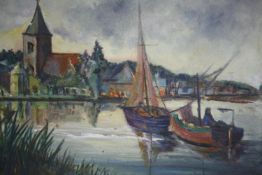 Oil on board. Titled on back 'A View of Maldon on the River Blackwater'. H.44 W.54 cm.