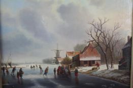 Painting, oil on canvas. A frozen lake with a windmill in the distance. Probably Dutch. Unsigned.