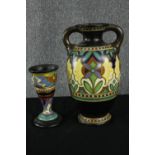 A 1930's Gouda pottery Plazuid Holland “Madeleine” pattern hand painted ceramic vase with twin