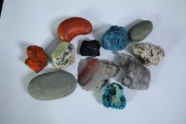 A collection of rocks and minerals, including realgar, liroconite and amethyst. L.9cm. (largest)