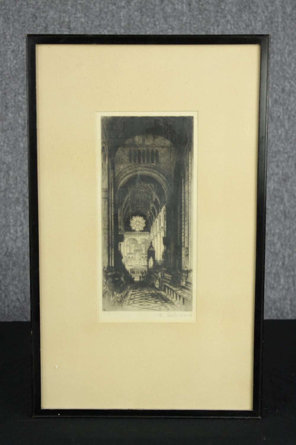 Etching. Cathedral interior. Signed bottom right. Framed. H.50 W.30 cm. - Image 2 of 5