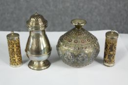 An Indian inlaid copper and white metal brass bottle along with a pair of pokerwork lidded jars