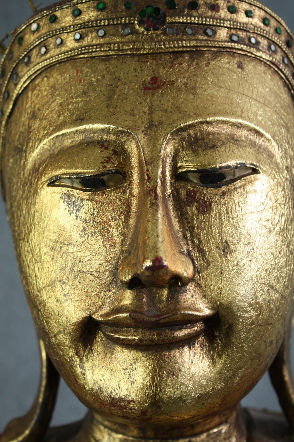 A large carved Buddha with traditional robes inlaid with a mosaic of coloured glass and mirrored - Image 6 of 15