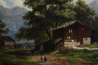 Painting, oil on board. An alpine scene. Probably late nineteenth century. Unsigned. In a gilt