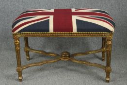 Stool, Louis XVI style gilt and upholstered. H.60 W.103 D.63cm.