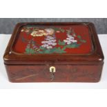 A 19th century Japanese cloisonne enamel and lacquered lockable jewellery box. The inset enamel