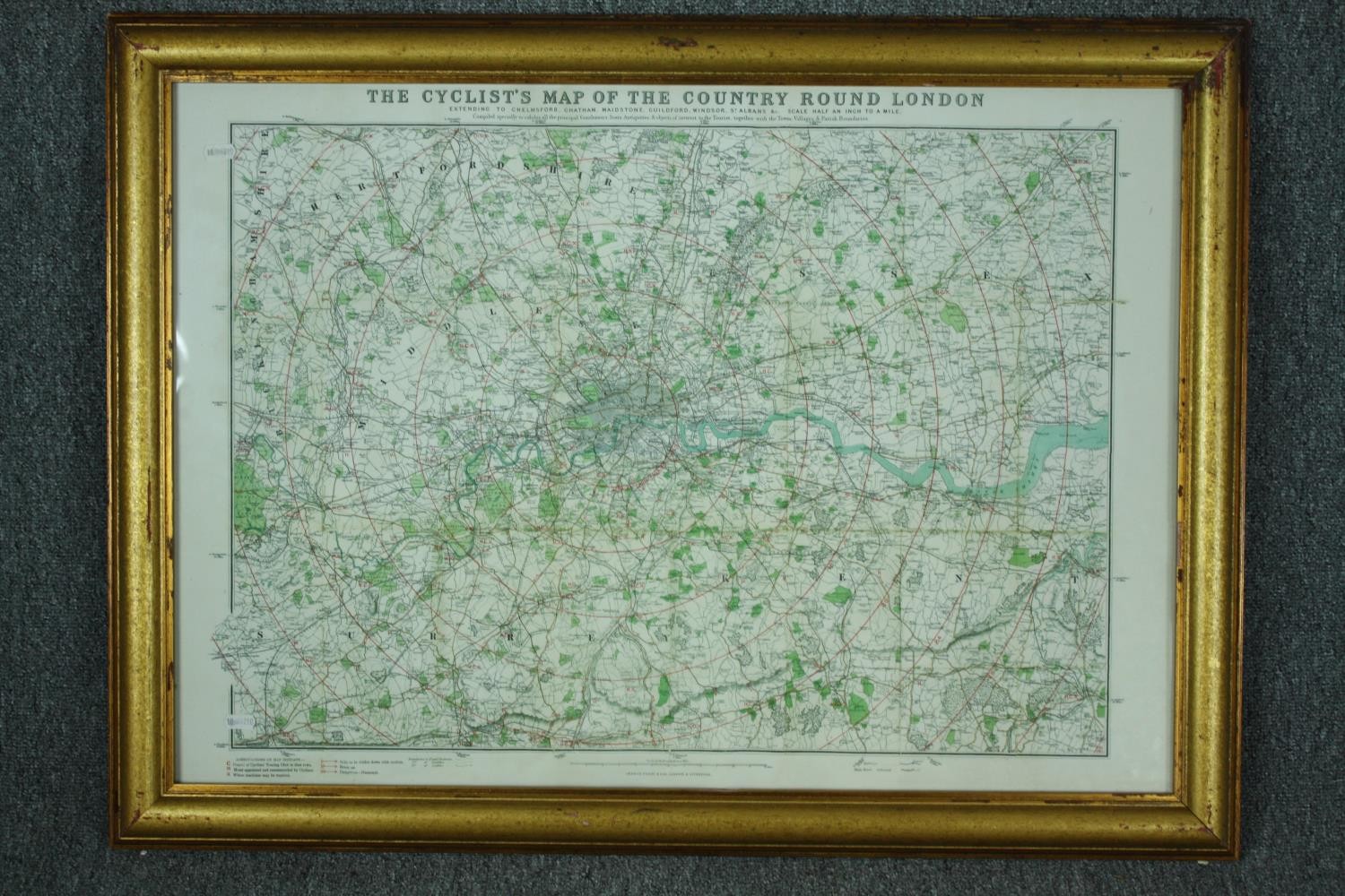 The Cyclist's Map of the Country Around London. Framed and glazed. Scale of a half inch to a mile. - Image 2 of 4