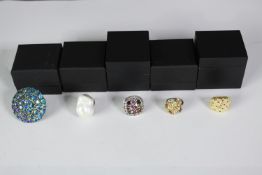 Five boxed silver and gemstone dress rings, set with baroque pearl, amethyst, peridot and mystic