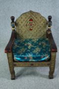 Armchair, Indian metal embossed, carved and painted. H.81 W.59 D.56cm.