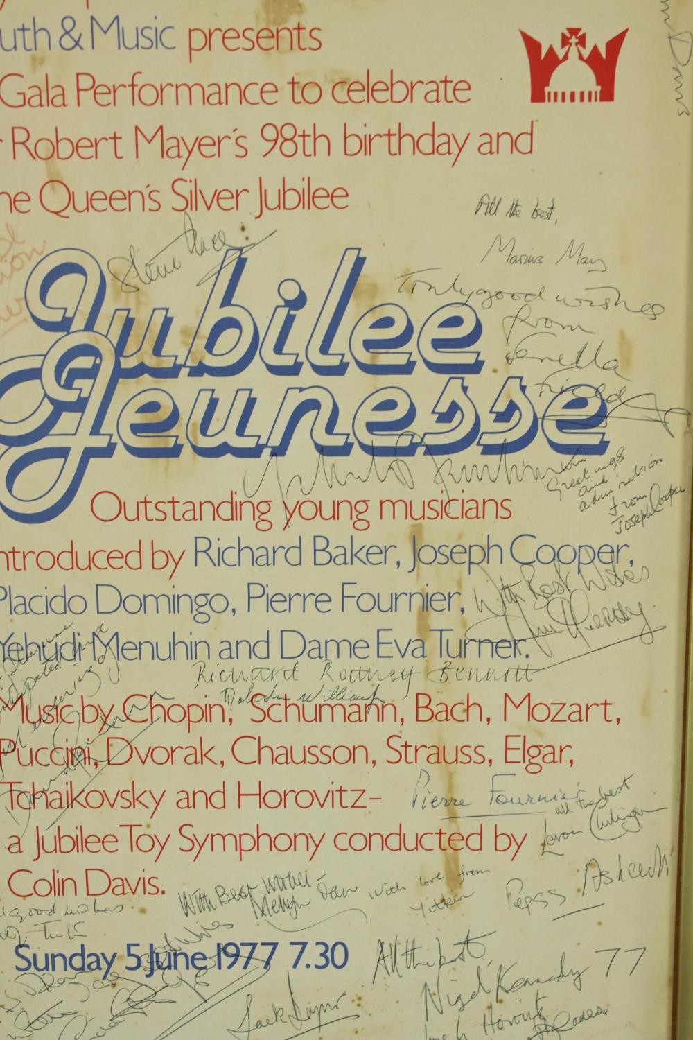 Jubilee opera poster Jun. 06, 1977. To celebrate the 98th birthday of Robert Mayer. Mayer was the