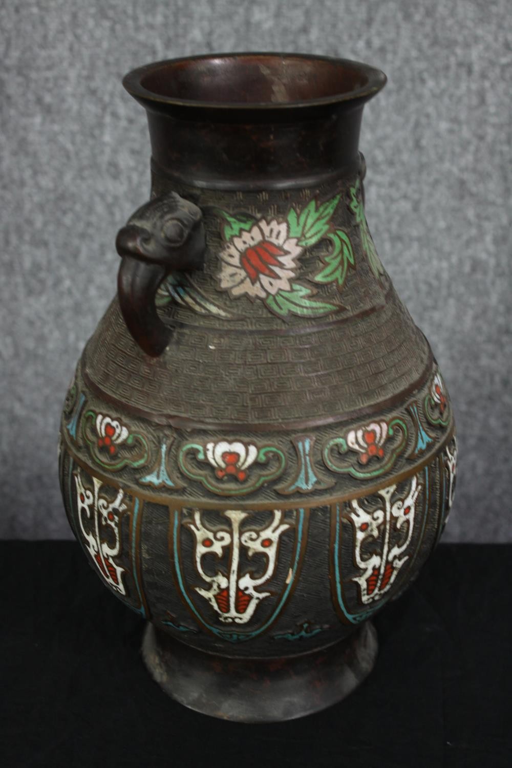 A large early 20t century Japanese Archaistic bronze Champlevé vase with twin elephant head handles. - Image 2 of 4