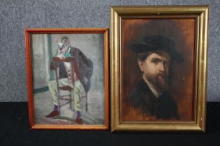One pastel and one oil painting on board. A portrait and seated clown. Unsigned. Twentieth