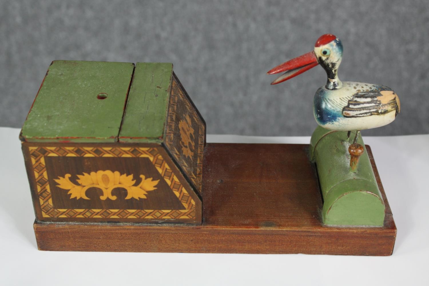 Two vintage painted cast iron money banks along with an early 20th century novelty faux marquetry - Image 3 of 6