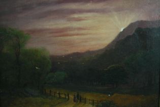 Painting, oil on canvas. A couple set in a rural sunset landscape. Mid nineteenth century. Unsigned.