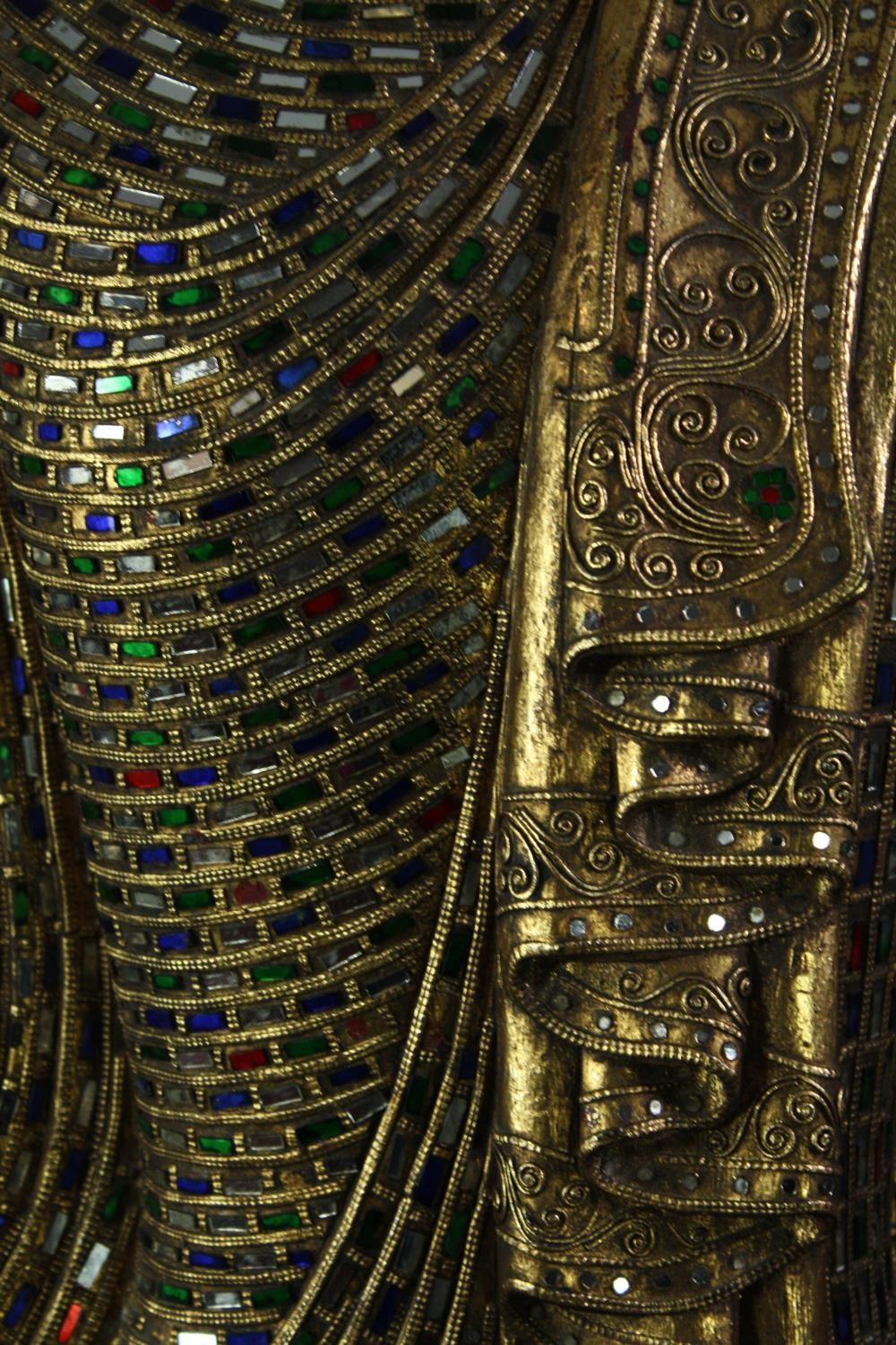 A large carved Buddha with traditional robes inlaid with a mosaic of coloured glass and mirrored - Image 4 of 15