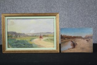 Two oil paintings on board. Landscapes. Both signed bottom right. One framed. H.33 W.48cm. (largest)