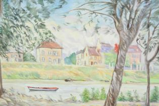 Landscape painting. Oil on canvas. River scene. Signed 'Jecqueline'. H.33 W.46 cm.