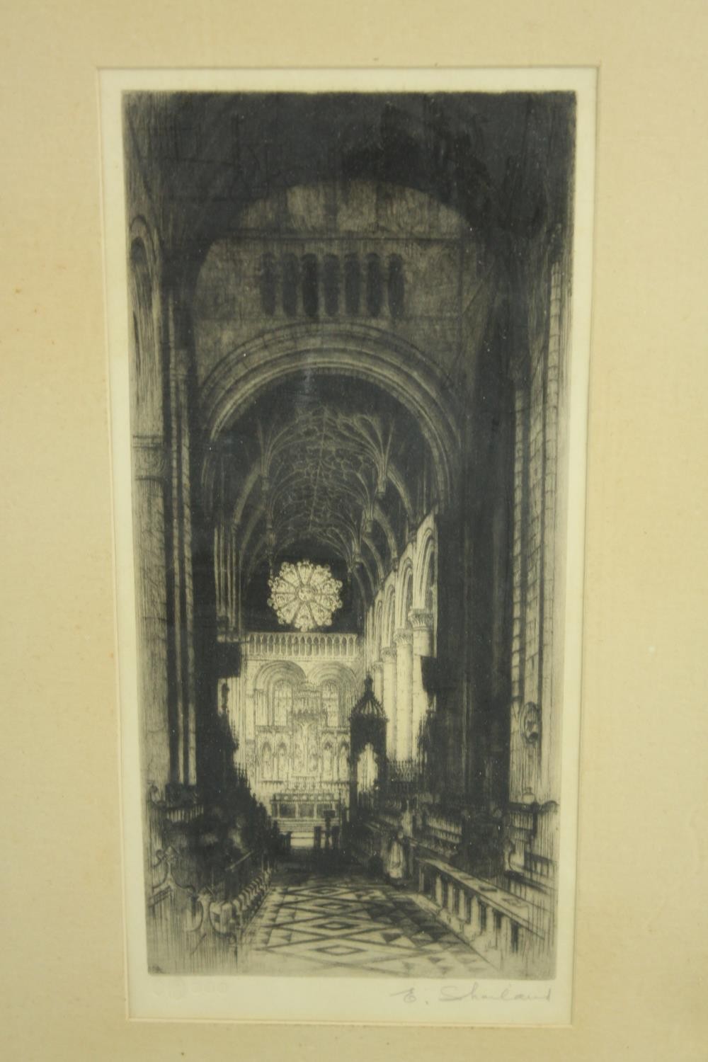 Etching. Cathedral interior. Signed bottom right. Framed. H.50 W.30 cm. - Image 3 of 5