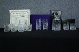 A collection of cut crystal, including a boxed Stuart crystal decanter and two whisky tumblers along