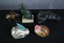 Two metal and three ceramic animals. The ceramic partridge and rabbit made in China. The cat made