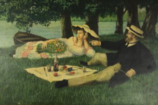 In the style of Edourdo Manet. A large oil on canvas painting. Slipping from frame and evidence of