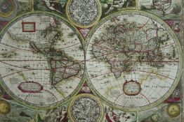 Henricus Hondius. World Map. A large nineteenth century hand coloured reprint of the Hondius's
