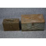 Two metal boxes. The smaller of the pair is likely an old military ammunition box. H.23 W.44 D.28