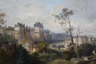 Painting, oil on board. A highly detailed townscape showing a castle in the foreground. Mid