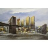 Oil painting on canvas. Probably Brooklyn Bridge. Signed Wilson, in a black frame. H.67 W.99 cm.