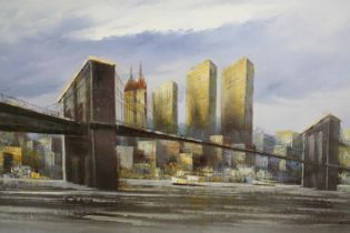 Oil painting on canvas. Probably Brooklyn Bridge. Signed Wilson, in a black frame. H.67 W.99 cm.