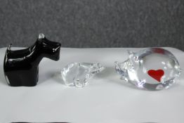 Three art glass animals, including a Wedgwood black Scottie dog, a Haveland crystal polar bear and a