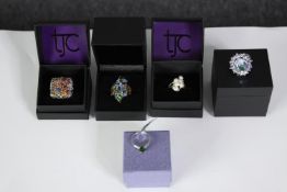 Five boxed silver and gemstone dress rings, set with cultured pearls, sapphire, prasiolite,