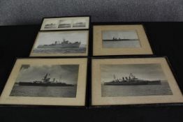 A collection of five photographs of British Royal Navy ships. H.27 W.38 cm.