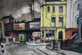 Oil painting on board. Street scene. Signed 'W.D' and dated 1949. H.52 W.64 cm.