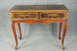 Side table, late 20th century Continental style walnut with profuse floral inlay. H.89 W.111 D.47cm.