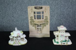 A Timothy Richards architectural model and two Coalport china houses. H.29 W.22 D.12cm.