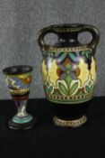 A 1930's Gouda pottery Plazuid Holland “Madeleine” pattern hand painted ceramic vase with twin