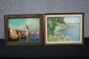 Two oil paintings on board. Lighthouse and rivers edge. The lighthouse signed indistinctly bottom