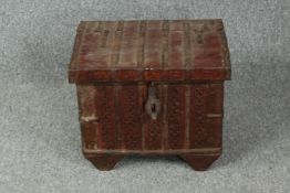 Coffer, small size, Indian carved and painted and metal bound. H.44 W.34 D.32cm.