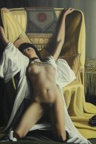 Alwyn Kitt (British b. 1931). Cleopatra's death. Oil painting on board. Framed. H.47 W.38 cm.